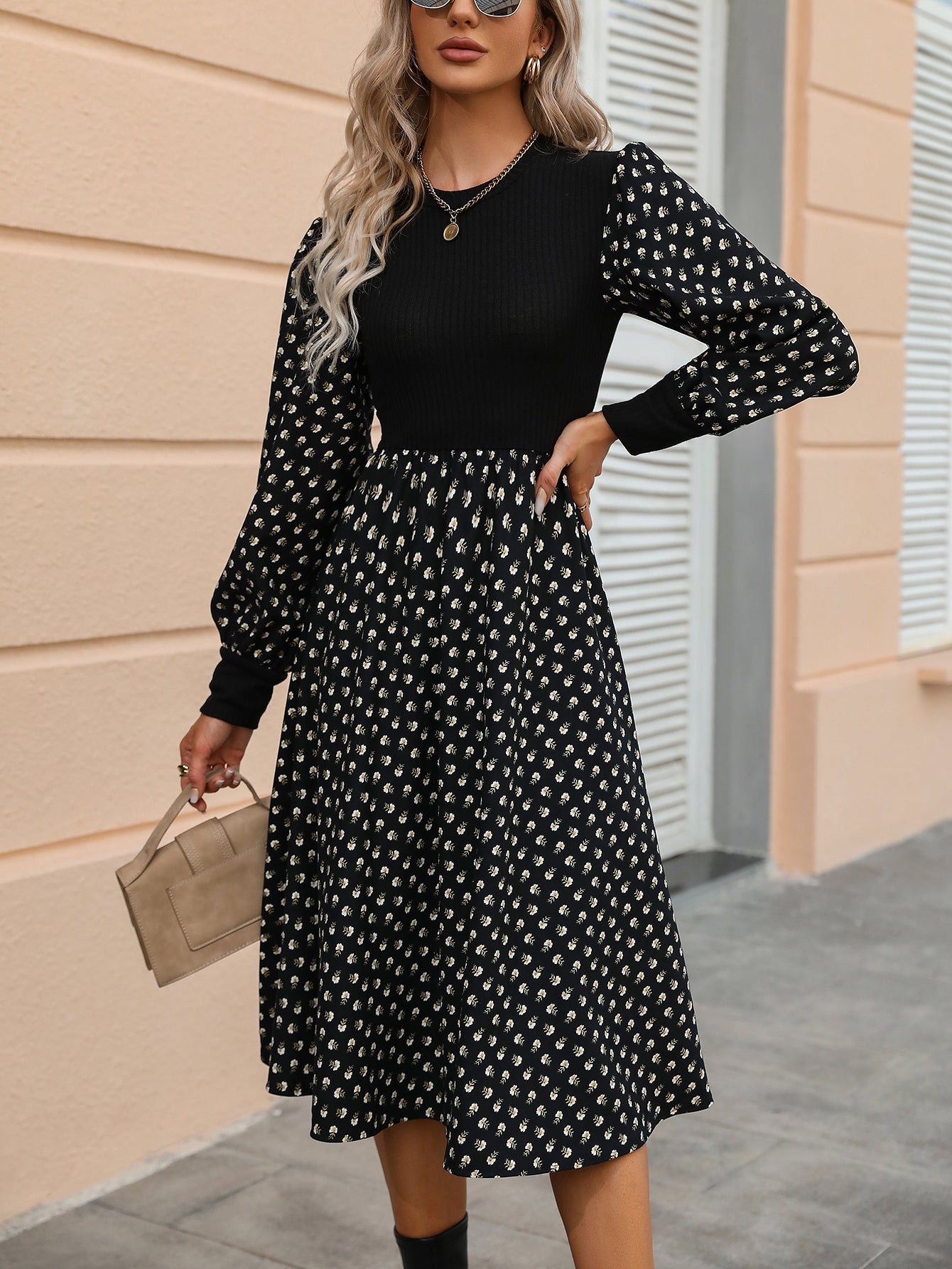 Elegant Floral Print Women Fashion Korean O-neck Puff Long Sleeve Knit Dress Fall Casual Lady Party Black A-Line Maxi Dresses