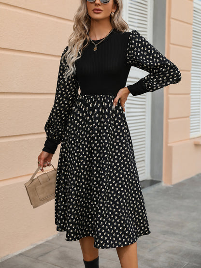 Elegant Floral Print Women Fashion Korean O-neck Puff Long Sleeve Knit Dress Fall Casual Lady Party Black A-Line Maxi Dresses