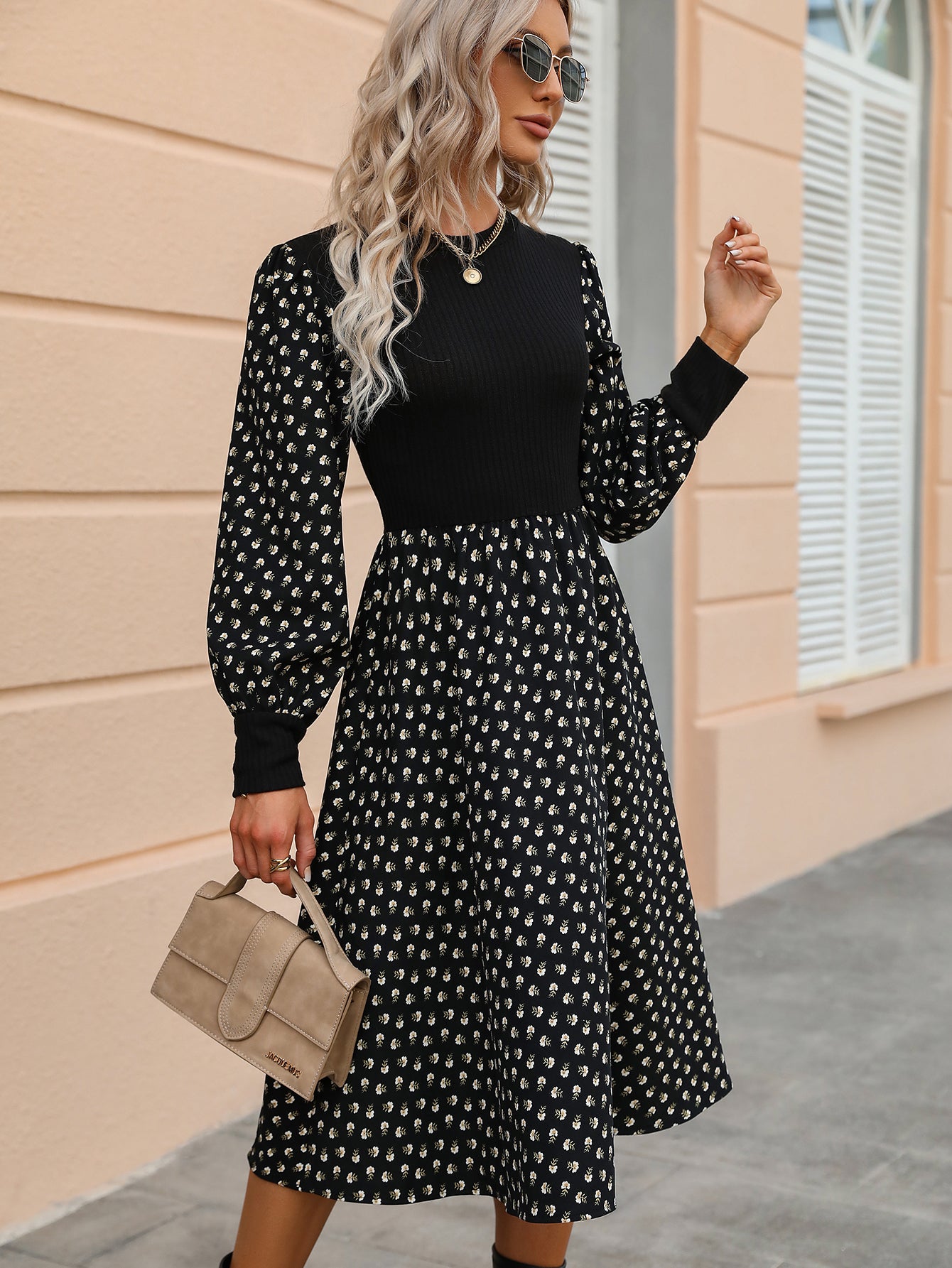 Elegant Floral Print Women Fashion Korean O-neck Puff Long Sleeve Knit Dress Fall Casual Lady Party Black A-Line Maxi Dresses