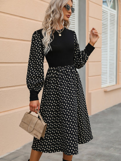 Elegant Floral Print Women Fashion Korean O-neck Puff Long Sleeve Knit Dress Fall Casual Lady Party Black A-Line Maxi Dresses