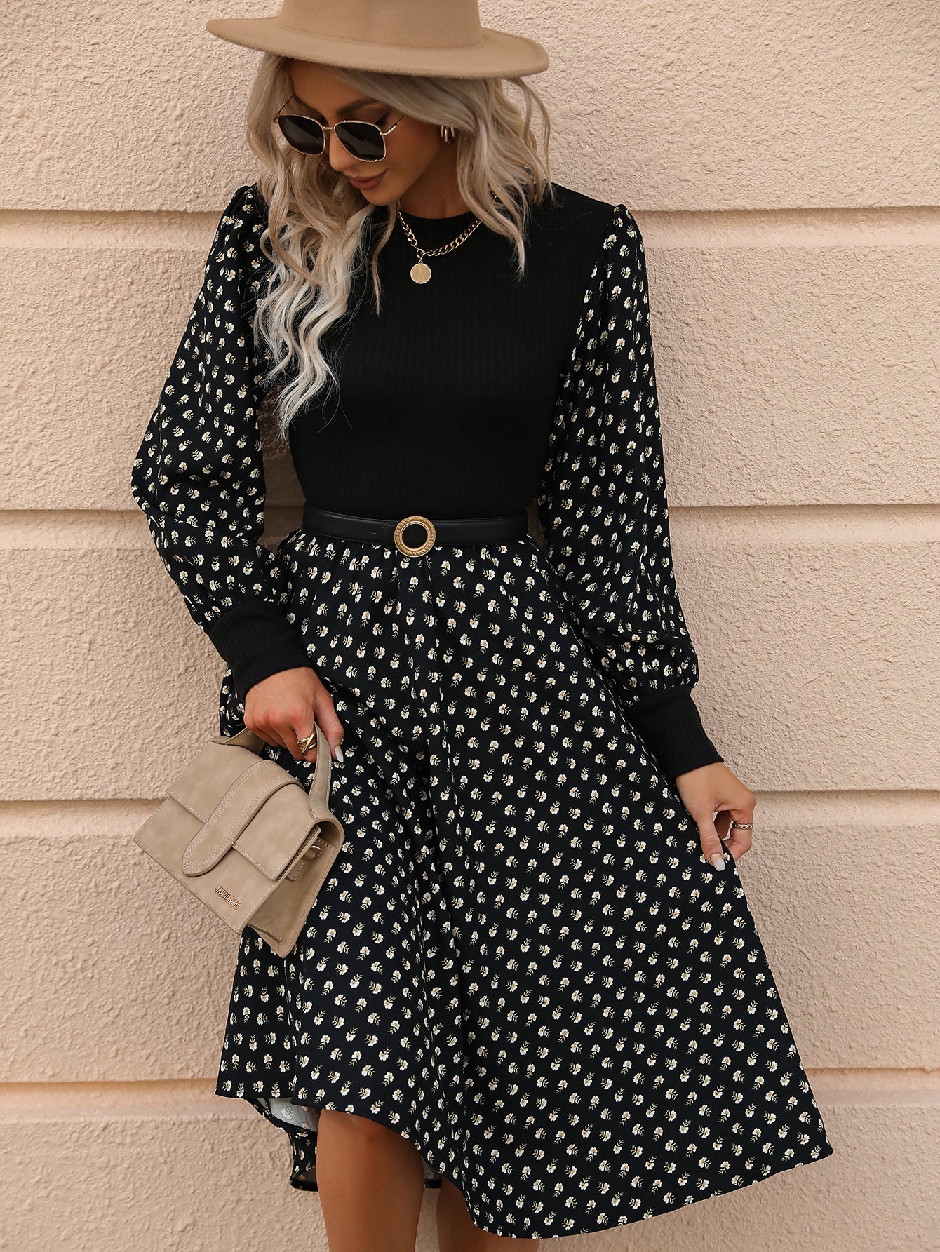 Elegant Floral Print Women Fashion Korean O-neck Puff Long Sleeve Knit Dress Fall Casual Lady Party Black A-Line Maxi Dresses