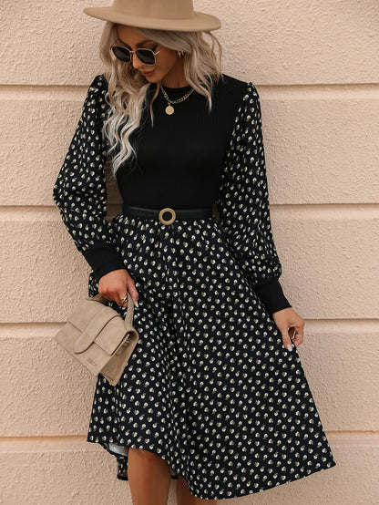 Elegant Floral Print Women Fashion Korean O-neck Puff Long Sleeve Knit Dress Fall Casual Lady Party Black A-Line Maxi Dresses