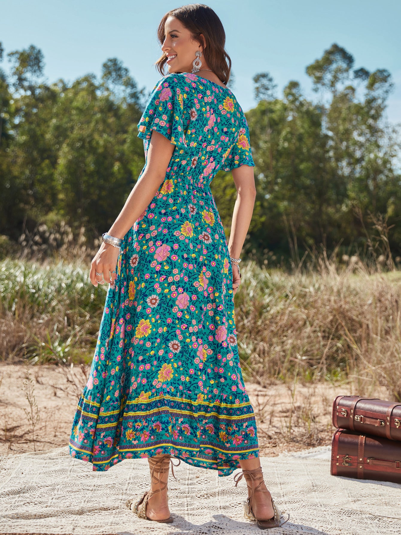 Women Bohemian Long Dress Sexy V-neck Viscose Vacation Elegant Short Sleeve Floral Print Summer Lady Beach Maxi Dresses
