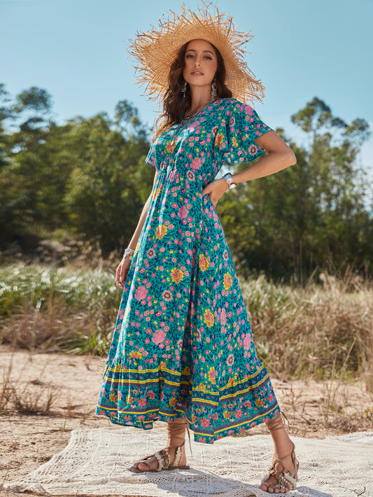 Women Bohemian Long Dress Sexy V-neck Viscose Vacation Elegant Short Sleeve Floral Print Summer Lady Beach Maxi Dresses