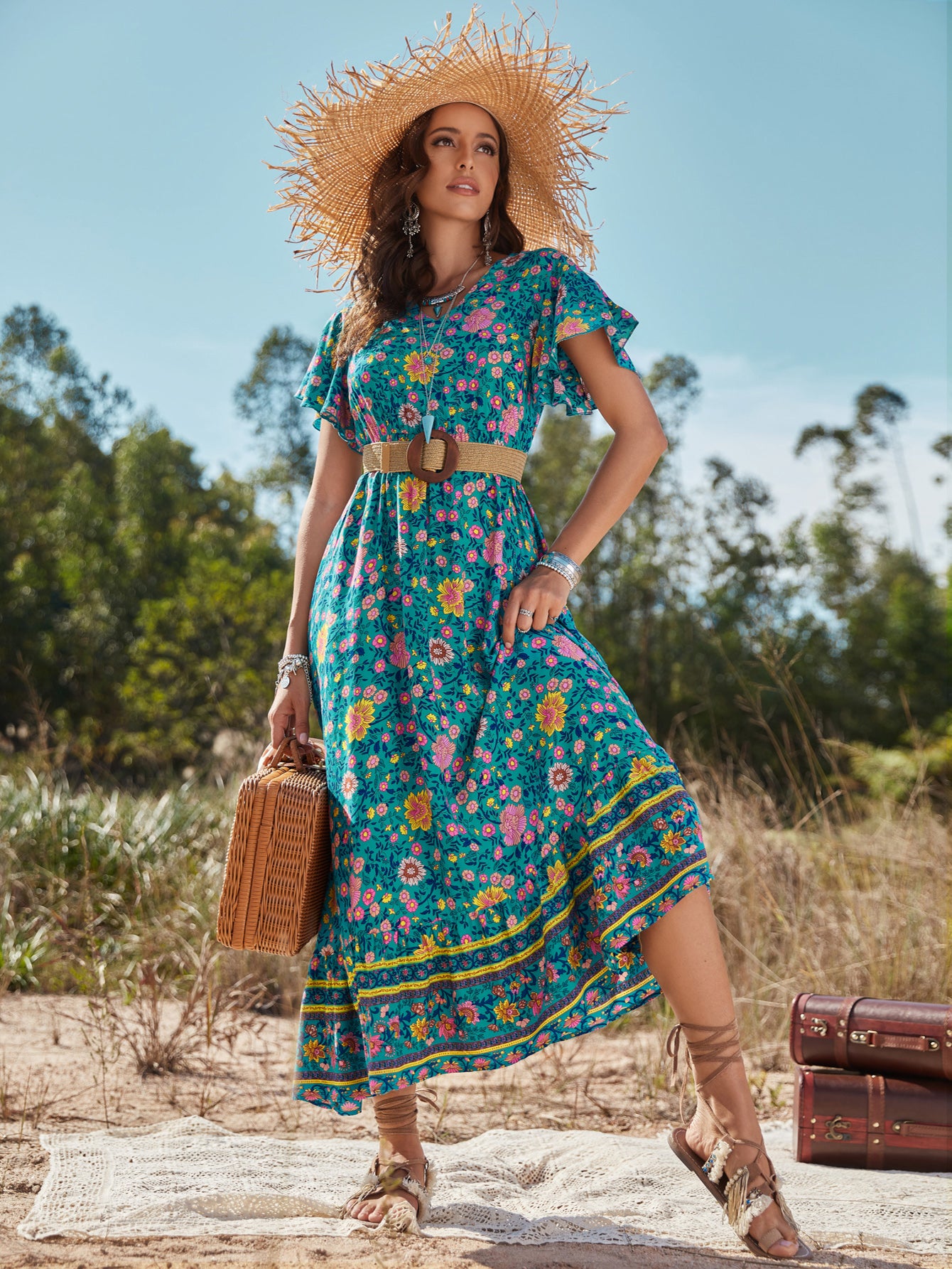 Women Bohemian Long Dress Sexy V-neck Viscose Vacation Elegant Short Sleeve Floral Print Summer Lady Beach Maxi Dresses