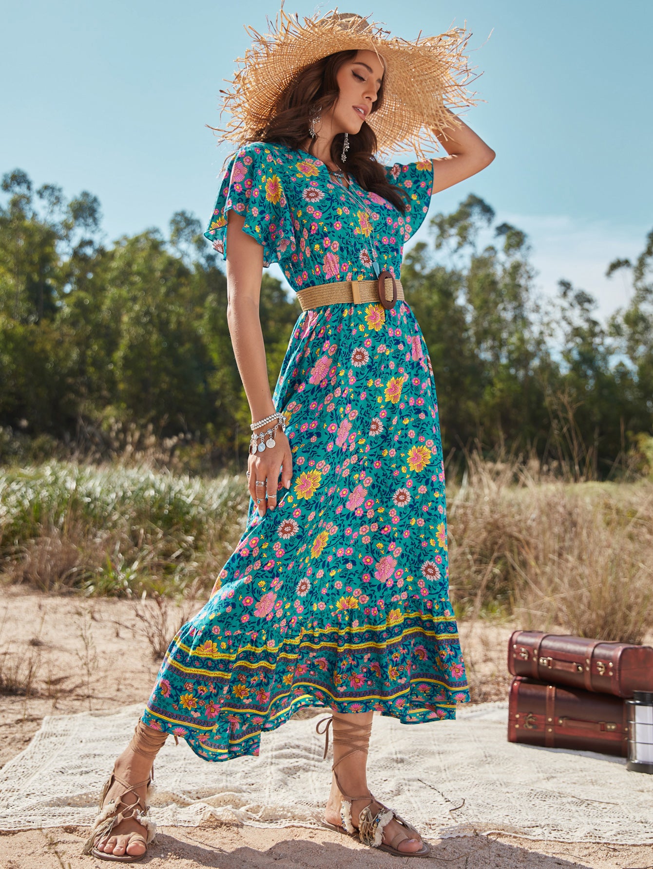 Women Bohemian Long Dress Sexy V-neck Viscose Vacation Elegant Short Sleeve Floral Print Summer Lady Beach Maxi Dresses