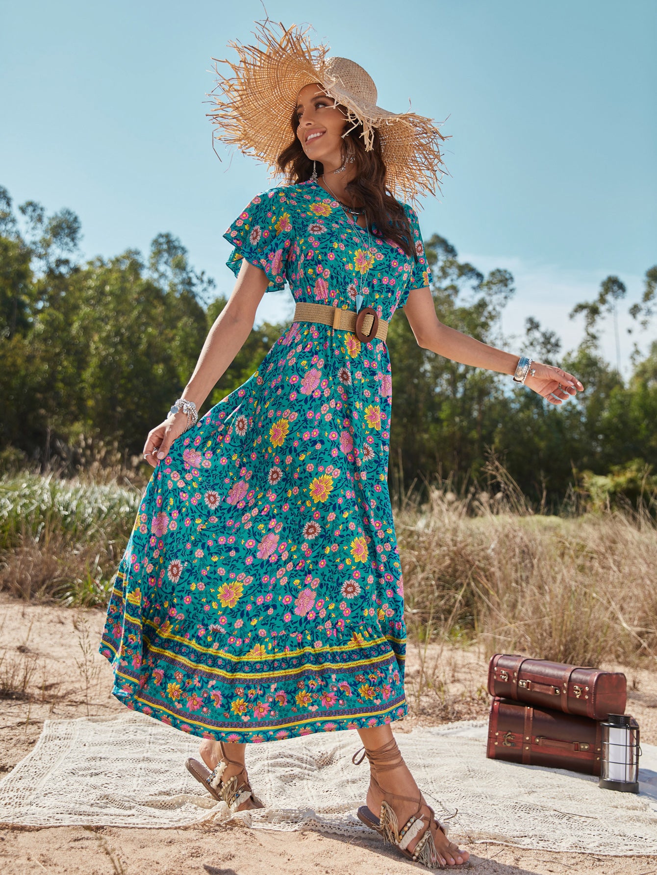 Women Bohemian Long Dress Sexy V-neck Viscose Vacation Elegant Short Sleeve Floral Print Summer Lady Beach Maxi Dresses