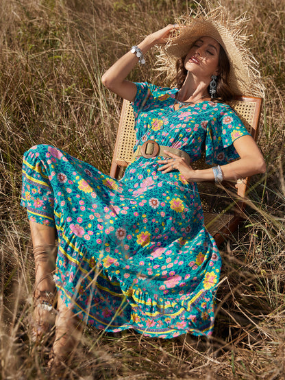 Women Bohemian Long Dress Sexy V-neck Viscose Vacation Elegant Short Sleeve Floral Print Summer Lady Beach Maxi Dresses