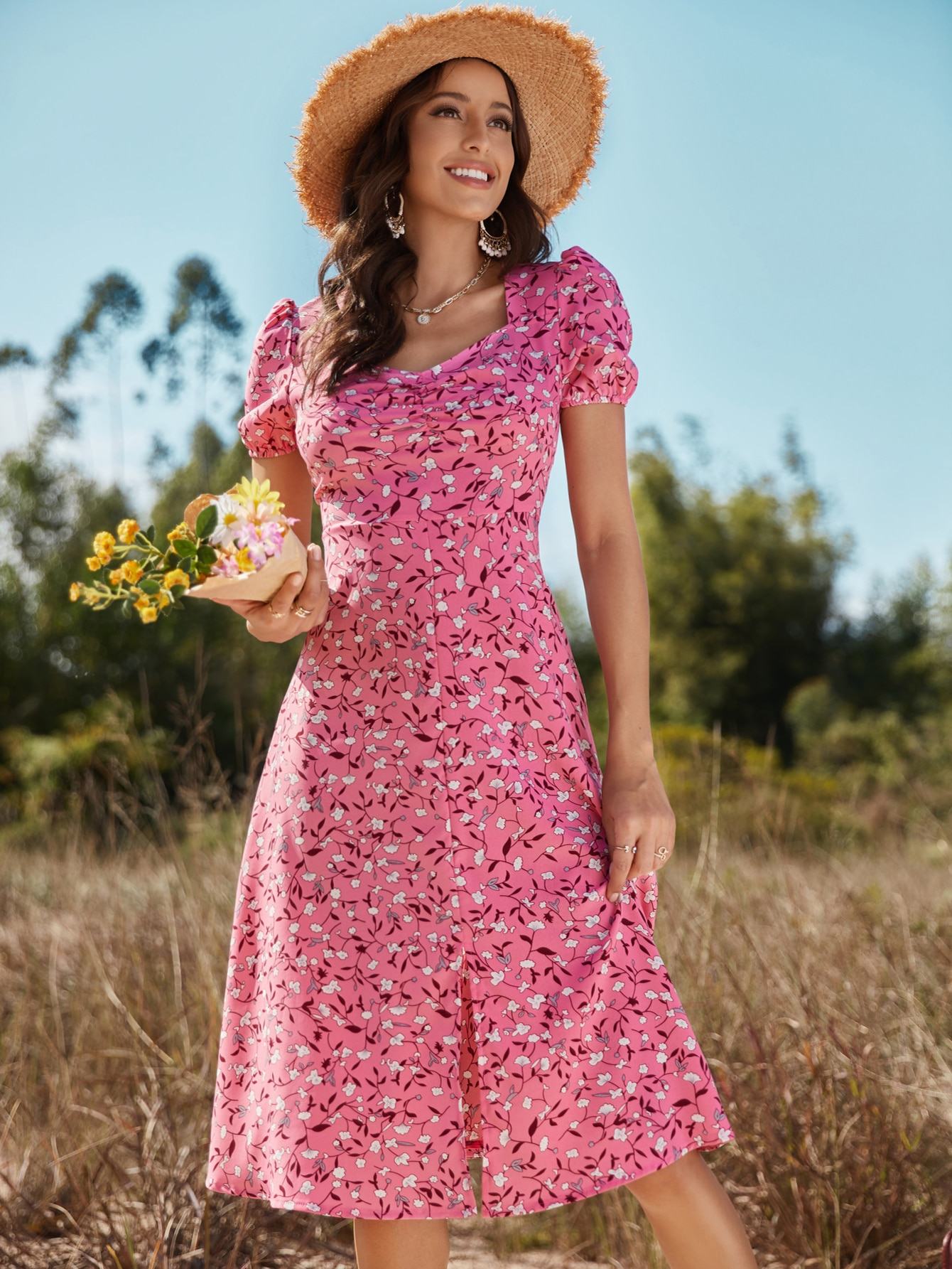 Summer Long Dress Women Clothing Casual Slim A-line Short Sleeve Floral Print Side Slit Midi Dresses Female Party Dress