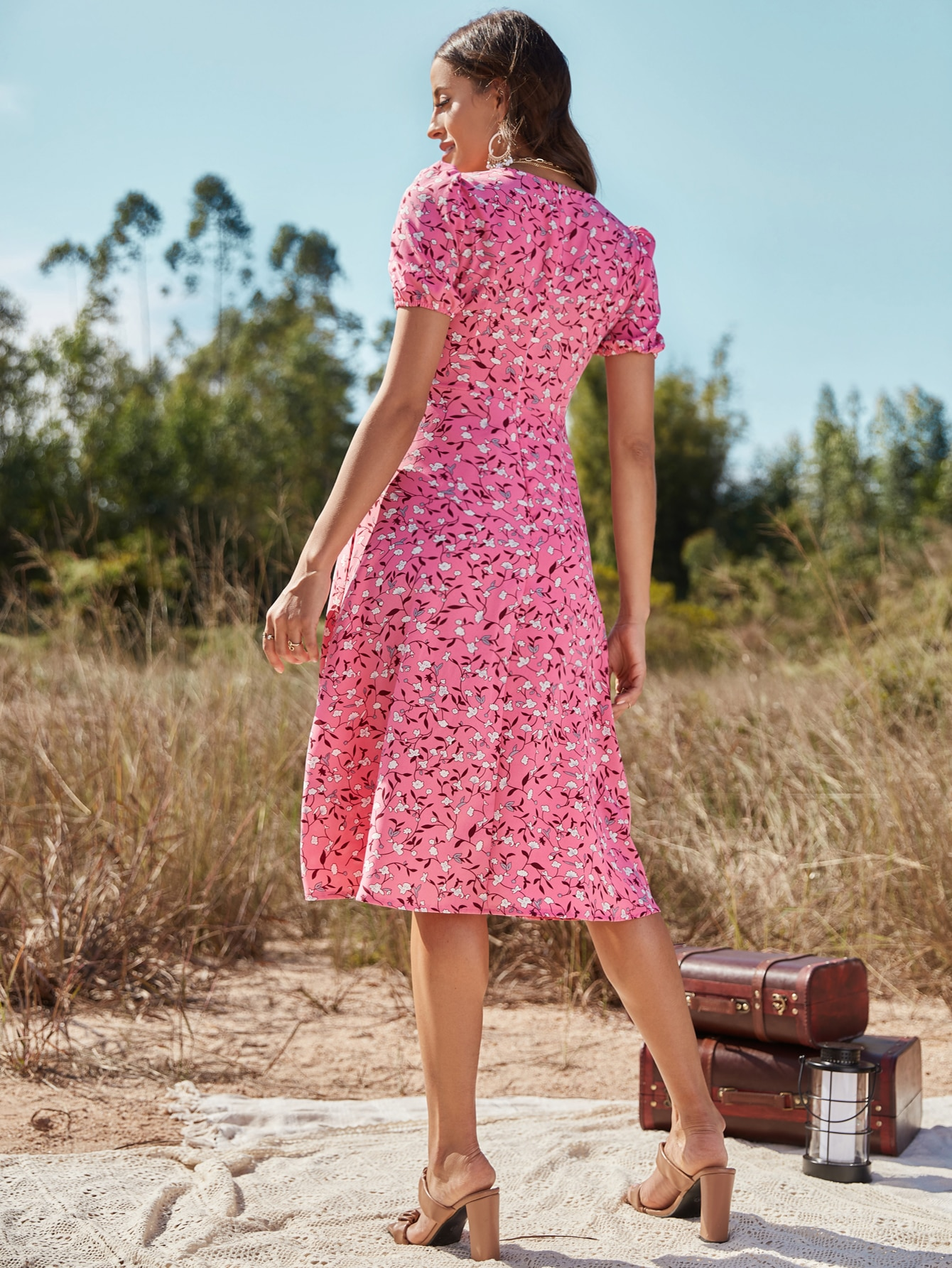 Summer Long Dress Women Clothing Casual Slim A-line Short Sleeve Floral Print Side Slit Midi Dresses Female Party Dress