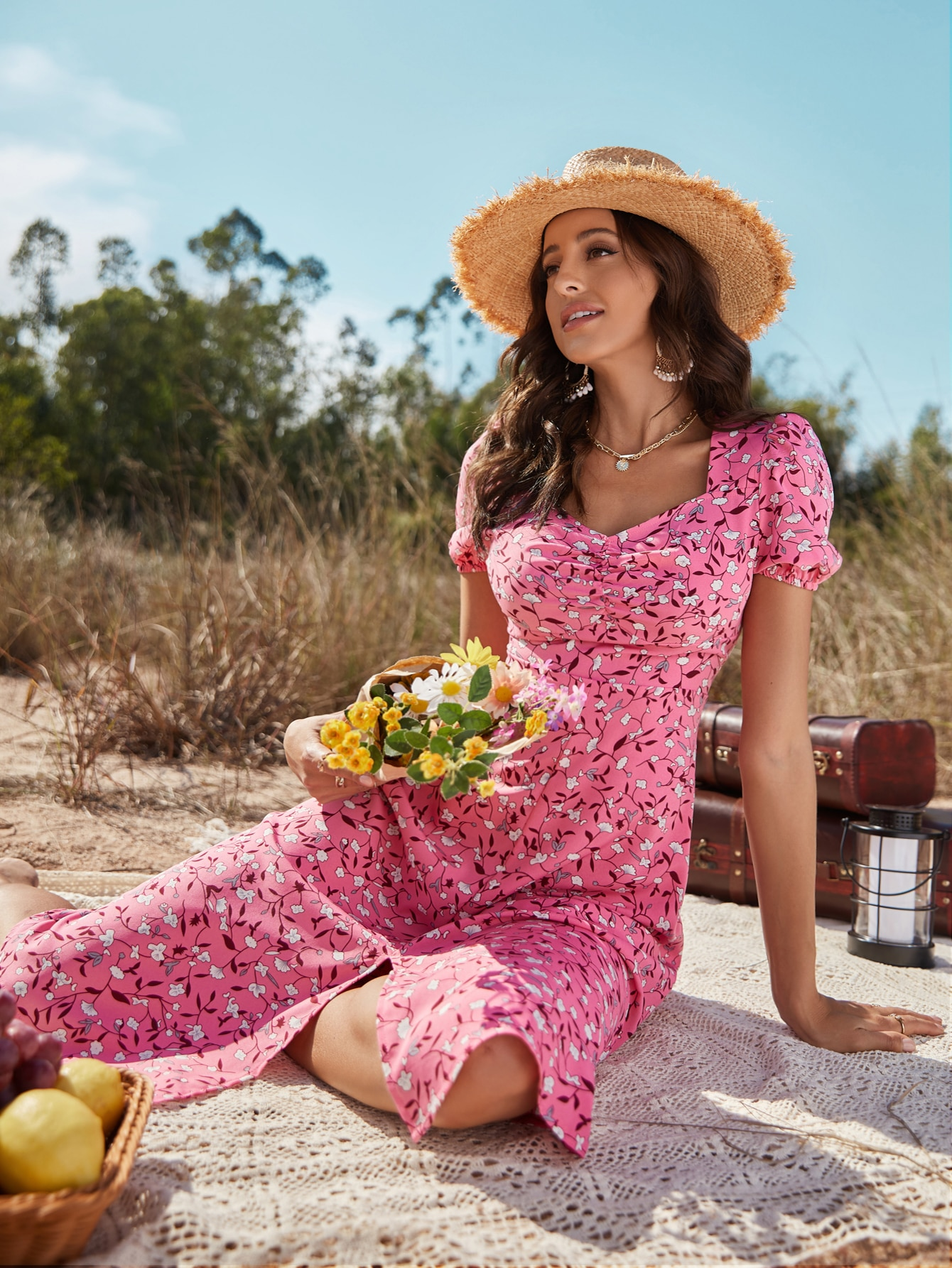 Summer Long Dress Women Clothing Casual Slim A-line Short Sleeve Floral Print Side Slit Midi Dresses Female Party Dress
