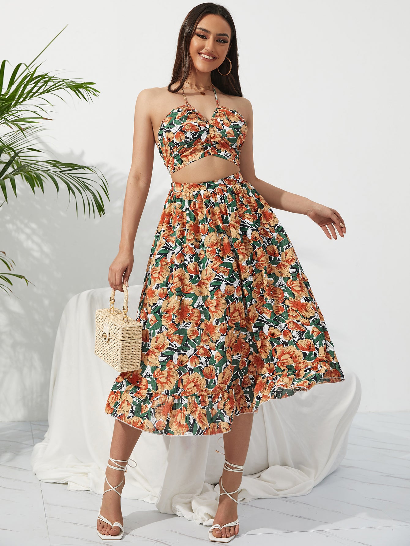 Summer Boho Bikini Set Dress Chic Women Elastic Waist Two Pieces Skirt with Female Beach Holiday Floral Print Midi Sets