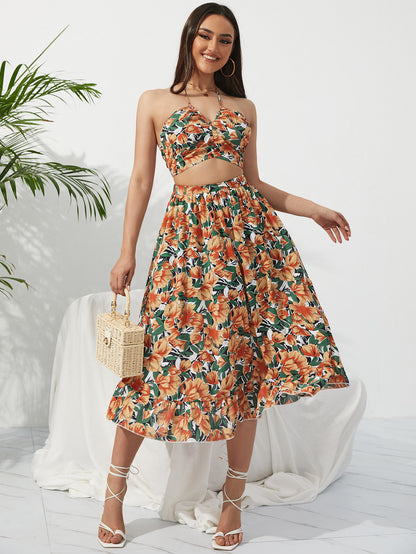 Summer Boho Bikini Set Dress Chic Women Elastic Waist Two Pieces Skirt with Female Beach Holiday Floral Print Midi Sets