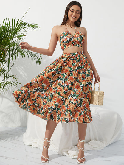 Summer Boho Bikini Set Dress Chic Women Elastic Waist Two Pieces Skirt with Female Beach Holiday Floral Print Midi Sets