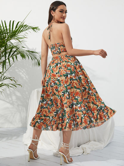 Summer Boho Bikini Set Dress Chic Women Elastic Waist Two Pieces Skirt with Female Beach Holiday Floral Print Midi Sets