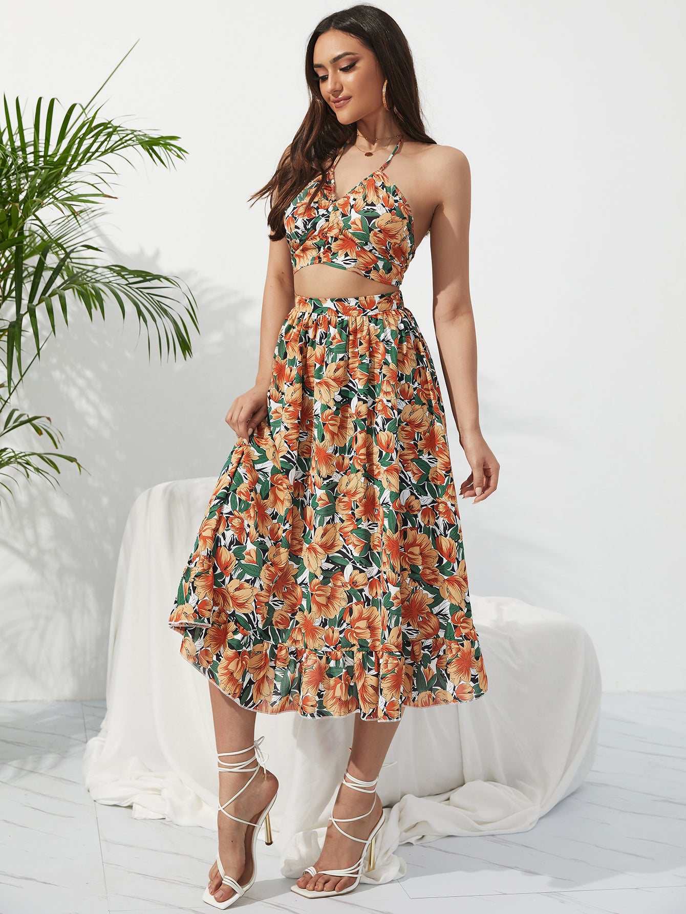 Summer Boho Bikini Set Dress Chic Women Elastic Waist Two Pieces Skirt with Female Beach Holiday Floral Print Midi Sets