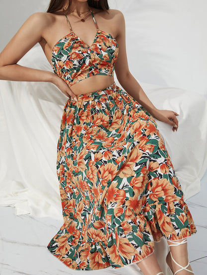 Summer Boho Bikini Set Dress Chic Women Elastic Waist Two Pieces Skirt with Female Beach Holiday Floral Print Midi Sets