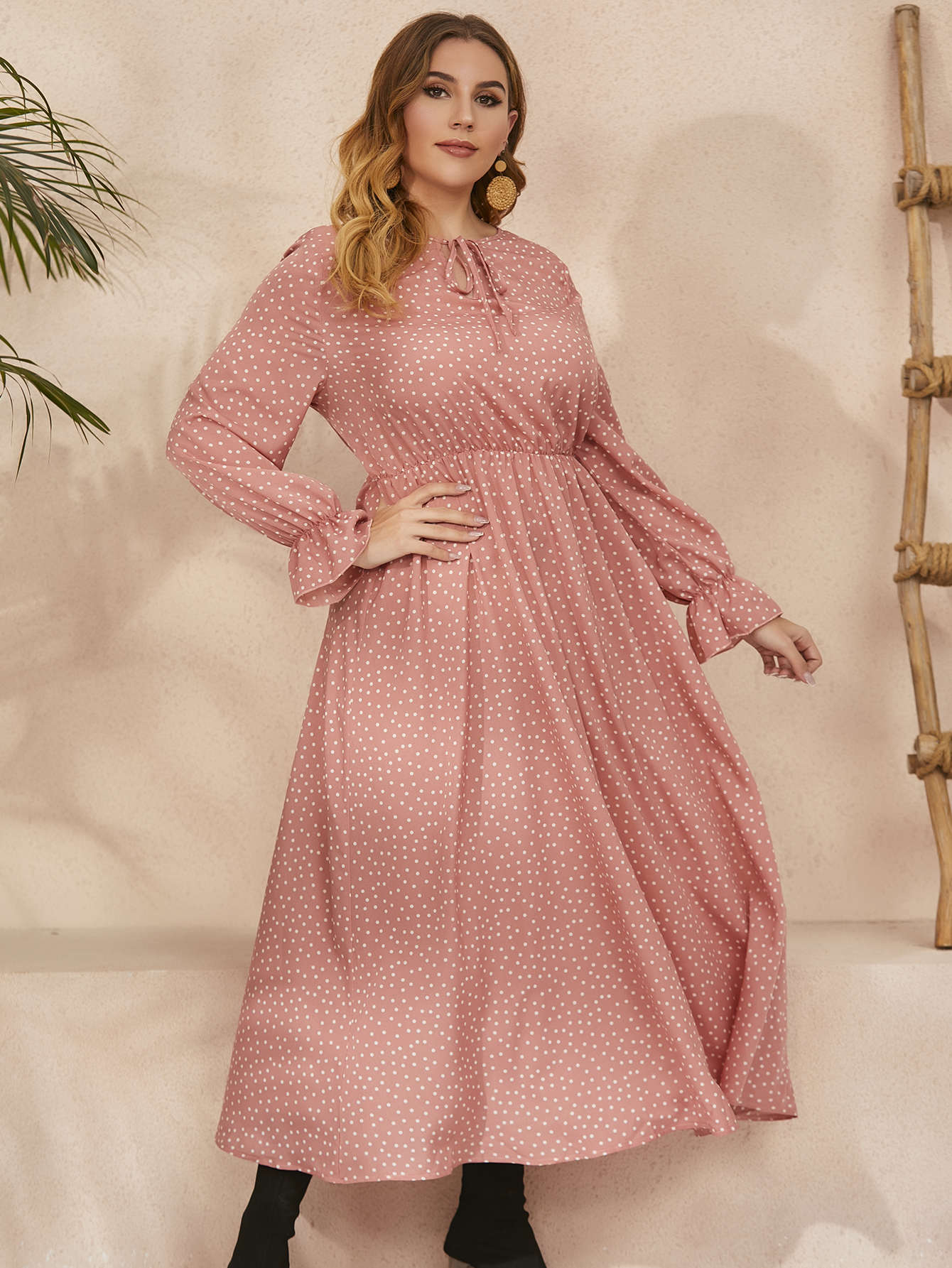 3XL 4XL Plus Size Women Clothing Elegant Long Sleeves Polka Point Female Maxi Dress Casual Travel Vacation Chiffon Dress