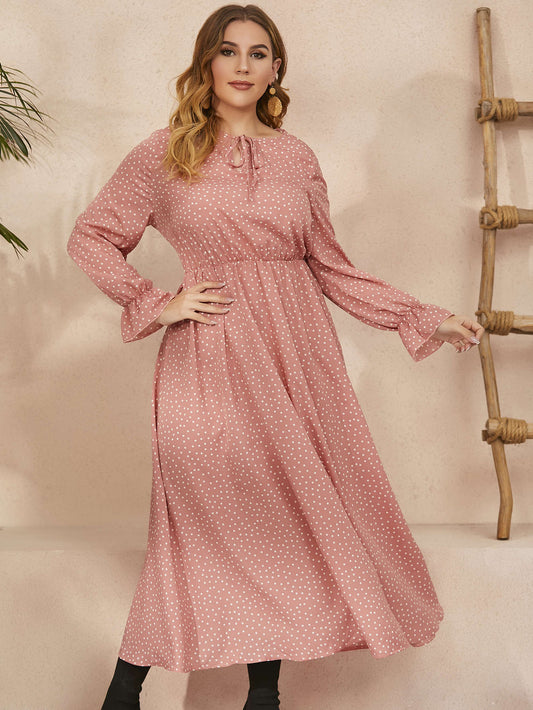 3XL 4XL Plus Size Women Clothing Elegant Long Sleeves Polka Point Female Maxi Dress Casual Travel Vacation Chiffon Dress