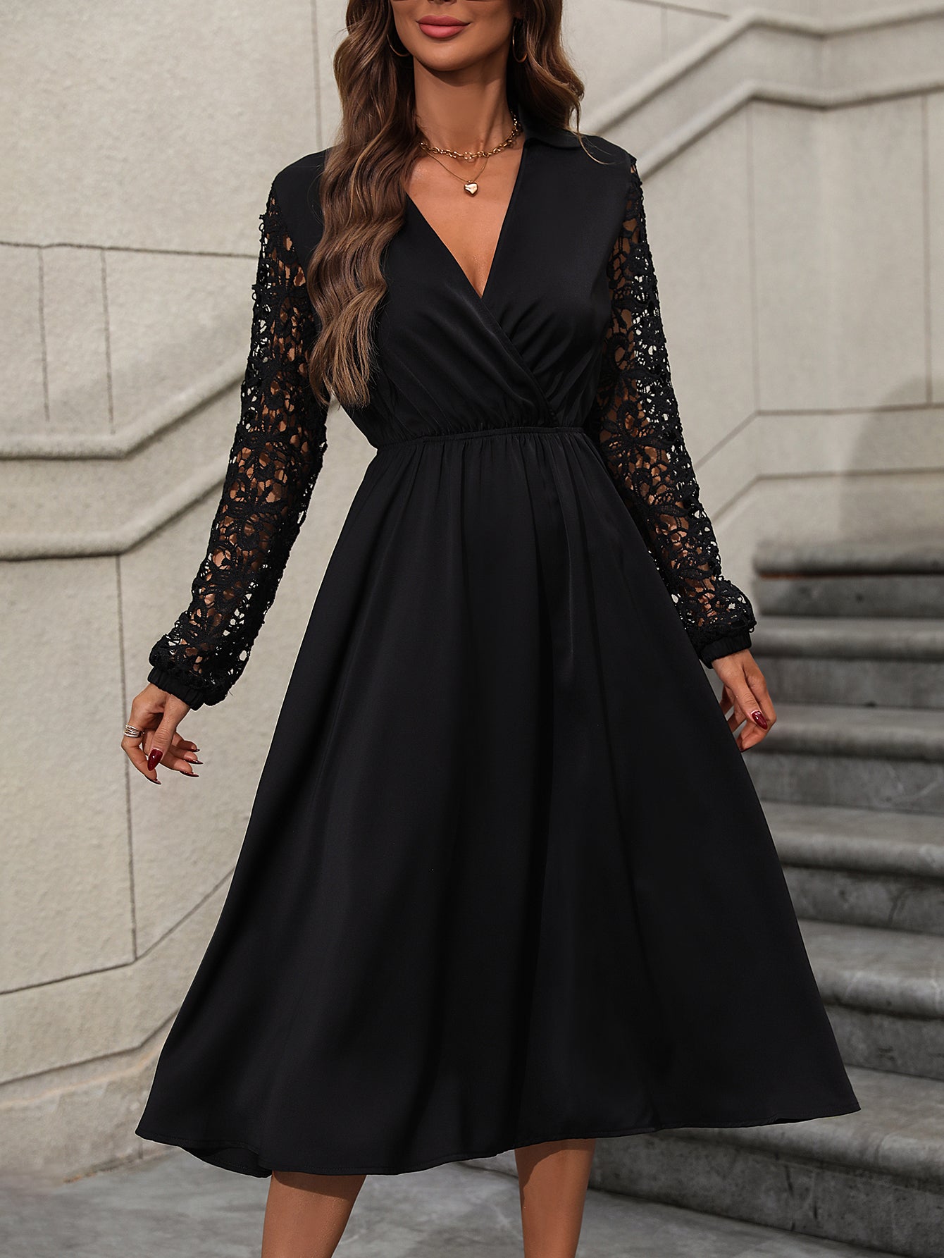 Womens Dresses Sexy Deep V Hollow Out Long Sleeve Luxury Evening Midi Dress Spring Fall Casual Elegant Black Party Female Dress