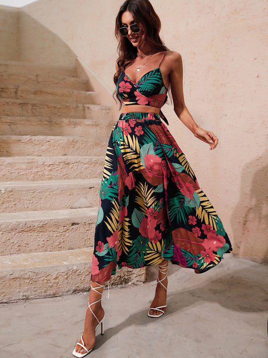 Bikini Crop Tops Skirts Set for Women Summer Two Pieces Skirt Beach Vacation Floral Print Maxi Skirt Sexy Boho Set