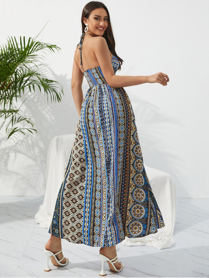 Summer Women Bohemia Print Elegant Vintage Chiffon Maxi Dress 2023 New Femme Sleeveless Maxi Boho Vacation Dresses Lady Clothing