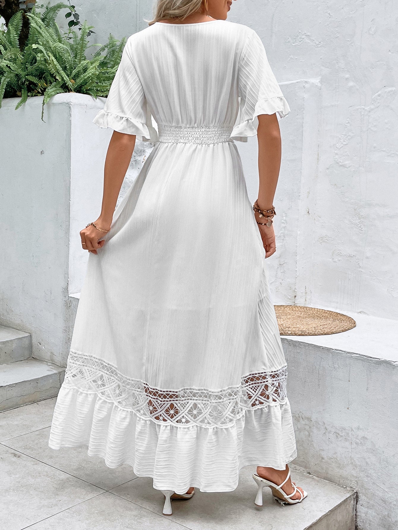 Elegant White Long Dress Women's Clothing Boho Hollow Hem Sexy Deep V Short Sleeves Dresses High Waist Beach Party Maxi Dress