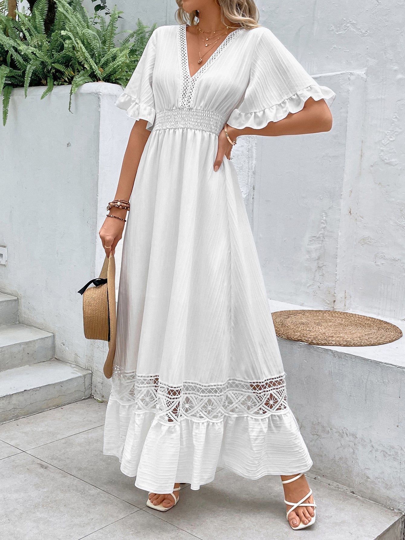 Elegant White Long Dress Women's Clothing Boho Hollow Hem Sexy Deep V Short Sleeves Dresses High Waist Beach Party Maxi Dress