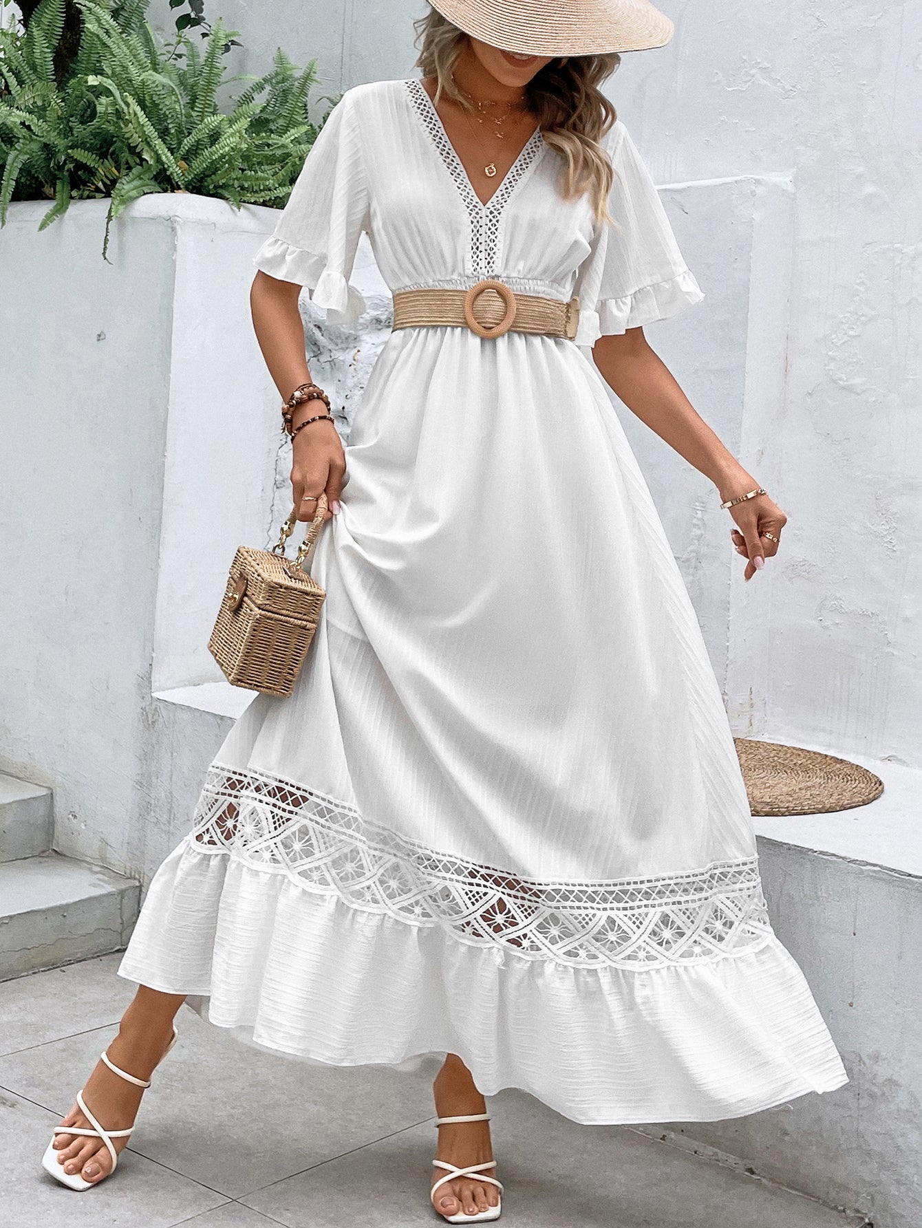 Elegant White Long Dress Women's Clothing Boho Hollow Hem Sexy Deep V Short Sleeves Dresses High Waist Beach Party Maxi Dress
