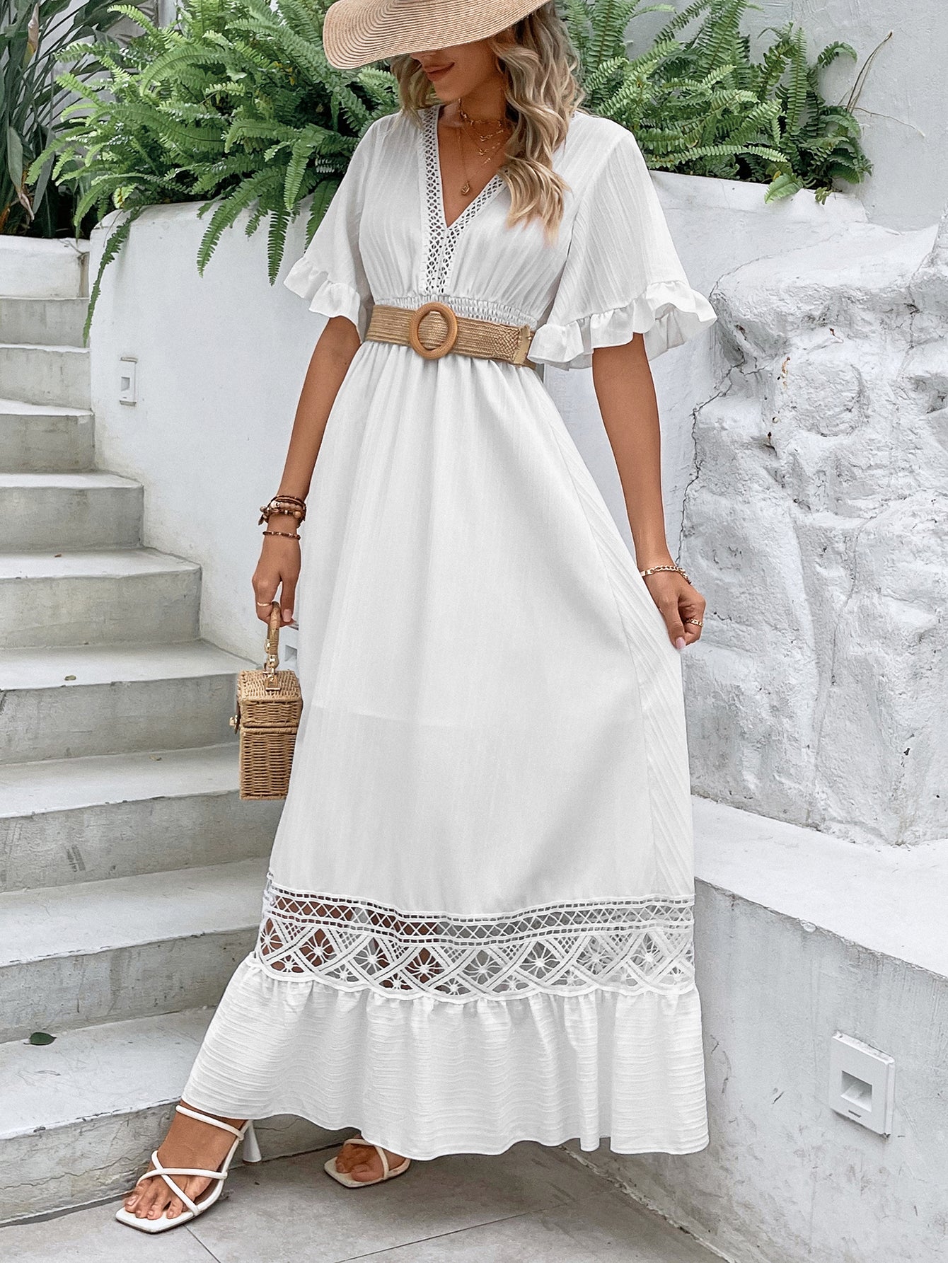 Elegant White Long Dress Women's Clothing Boho Hollow Hem Sexy Deep V Short Sleeves Dresses High Waist Beach Party Maxi Dress