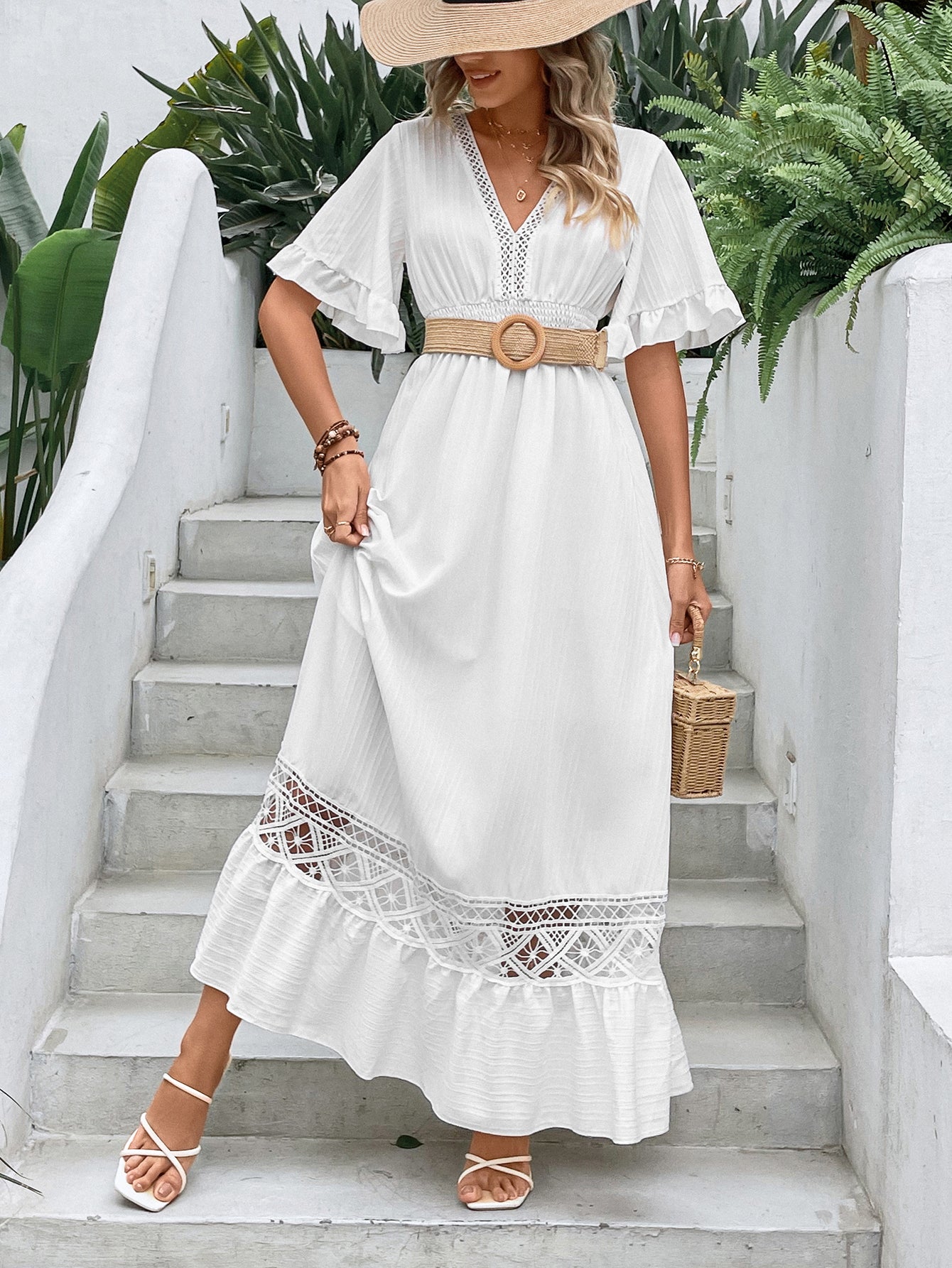 Elegant White Long Dress Women's Clothing Boho Hollow Hem Sexy Deep V Short Sleeves Dresses High Waist Beach Party Maxi Dress