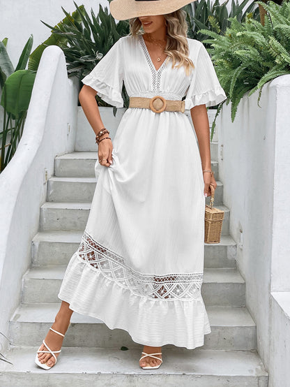 Elegant White Long Dress Women's Clothing Boho Hollow Hem Sexy Deep V Short Sleeves Dresses High Waist Beach Party Maxi Dress