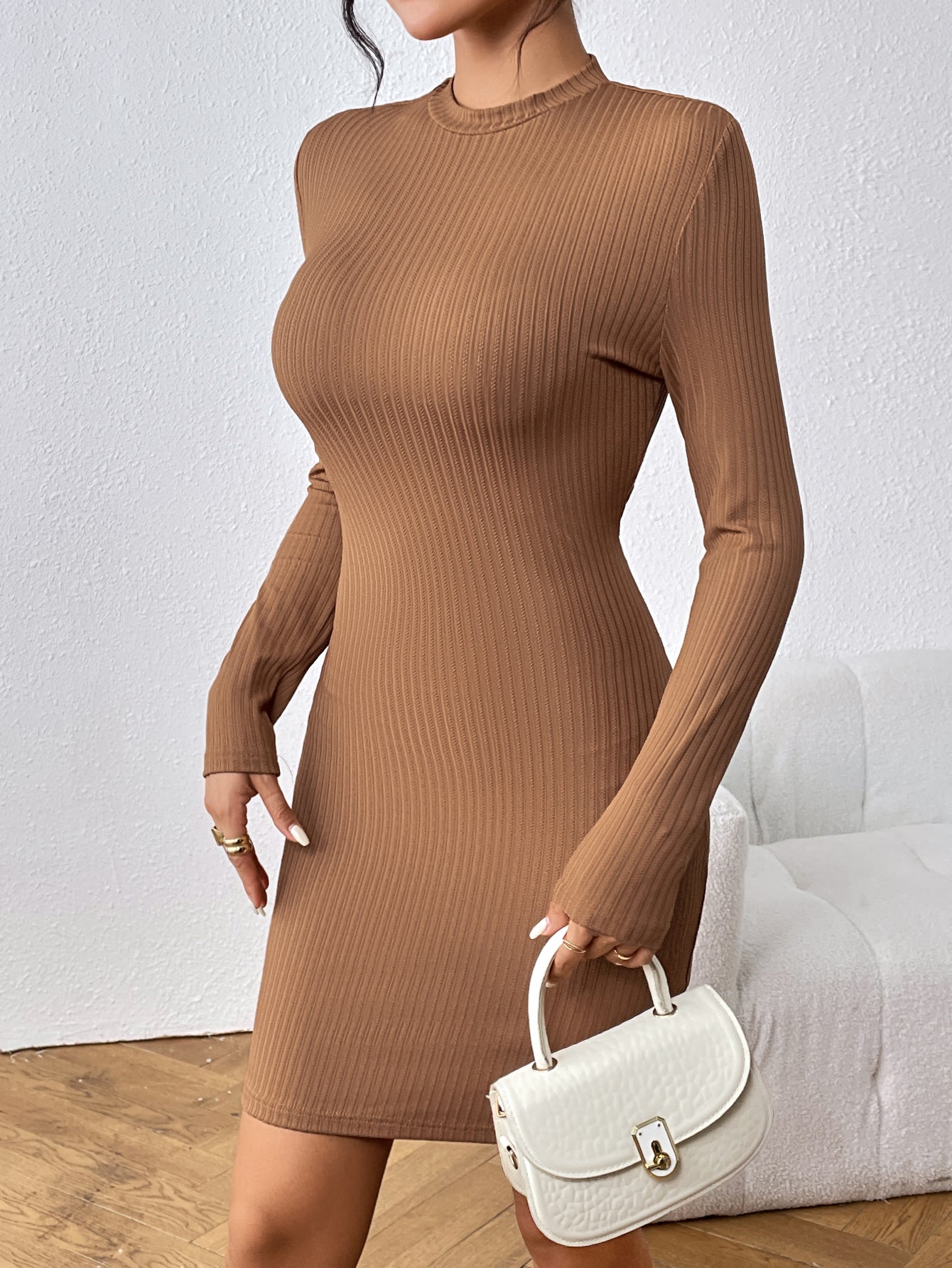 Women's Elastic Turtleneck Long Sleeve Bodycon Mini Dresses Elegant Sweater Slim Sexy Lady Autumn Winter