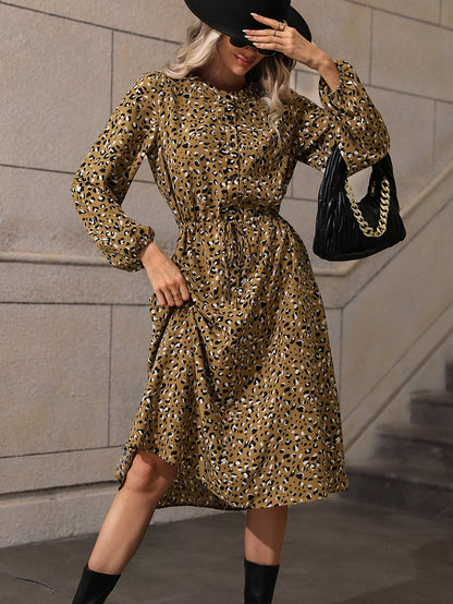 Women's Dress Spring Autumn Lantern Sleeves Floral Print Long Dress Elegant Casual Party Drawstring Waist Fashion Midi Dresses