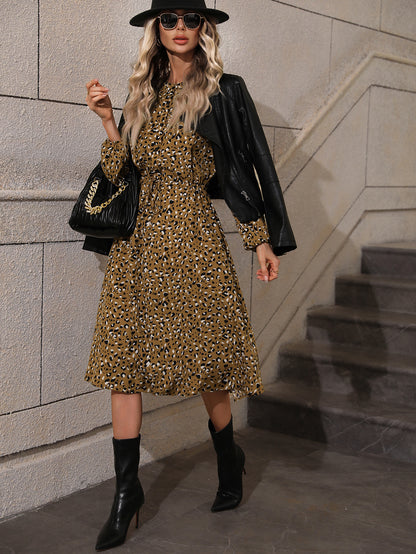 Women's Dress Spring Autumn Lantern Sleeves Floral Print Long Dress Elegant Casual Party Drawstring Waist Fashion Midi Dresses